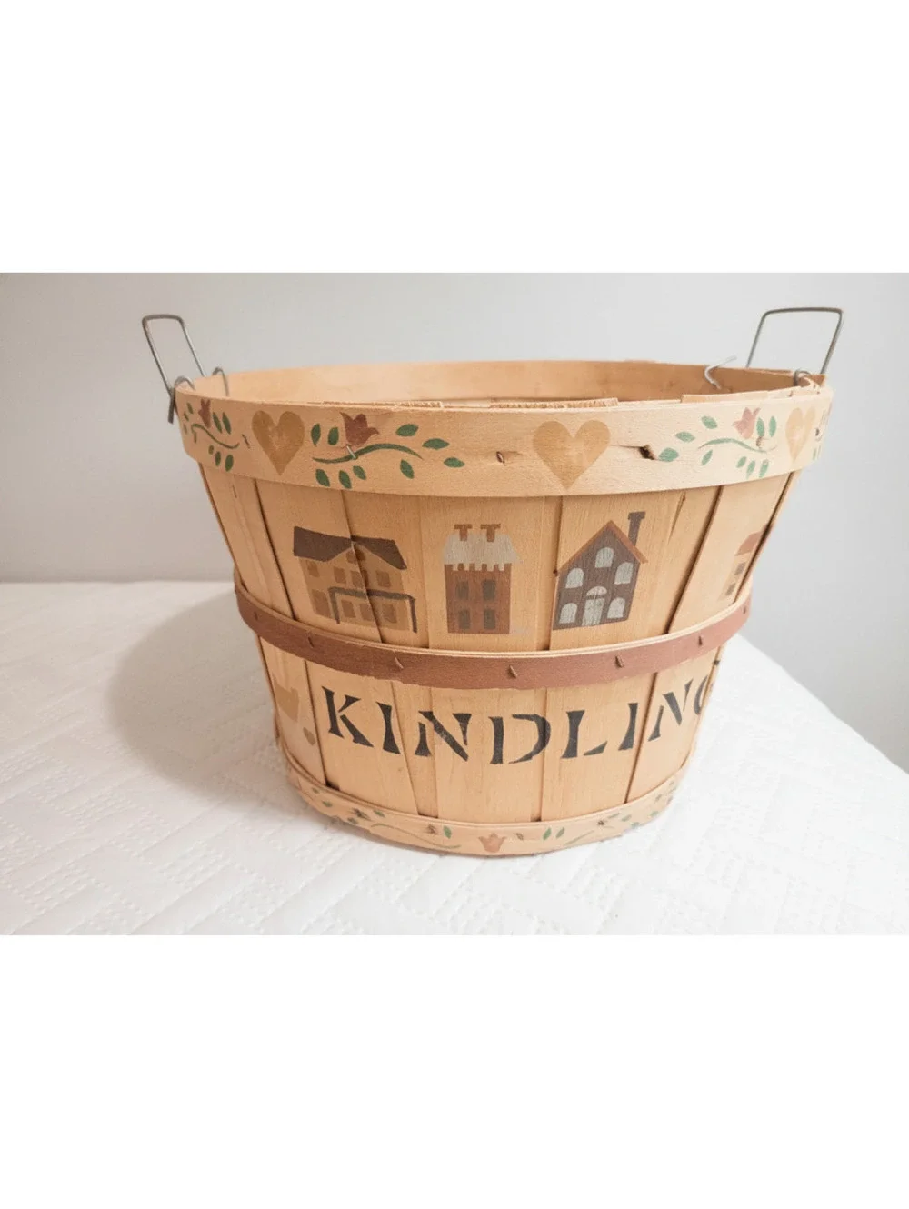 Vintage Rustic Hand-Painted Folk Art Houses Kindling Wooden Slat/Apple Basket